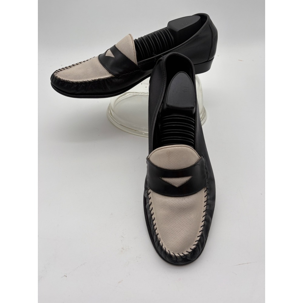 Cole Haan Mens Two Tone Leather Penny Loafers Black Cream Italy 01305 D 10.5